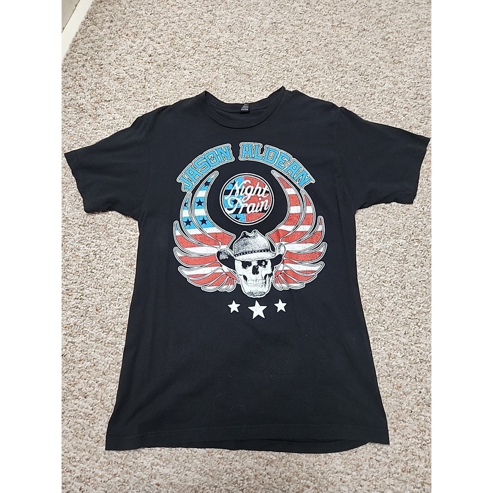 Jason Aldean Night Train Tour T-Shirt Mens Large Black Skull American Flag Wings